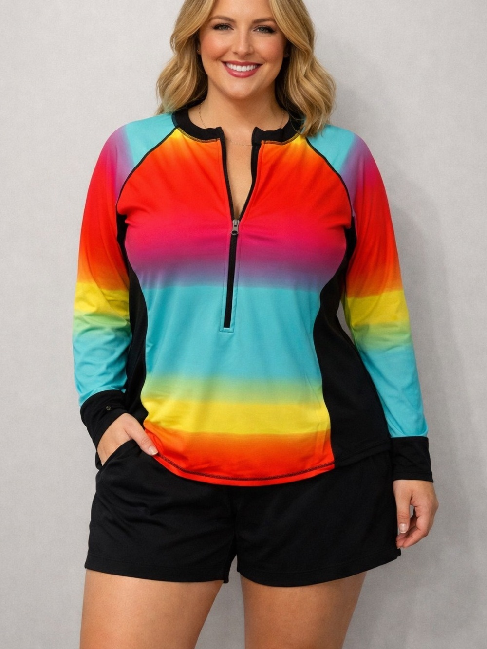 Rainbow Swim Long Sleeve Zip Top XL Black Shorts 18